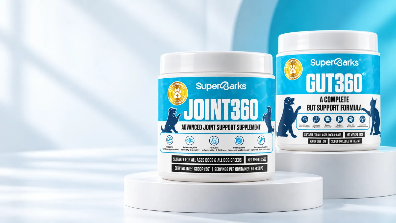 Superbarks Joint360 and Gut360 supplement jars